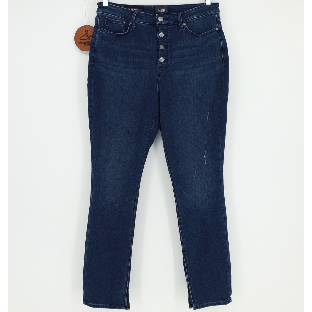 NYDJ Alina Legging Jeans Womens Size 14 Dark Wash Button Fly Lift Tuck Split Hem